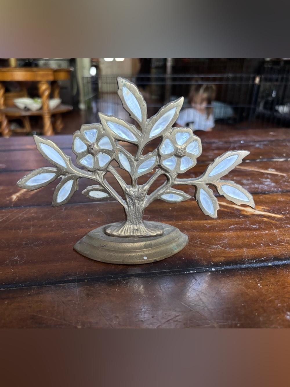 Brass Floral Tree Figurine with White Inlay
